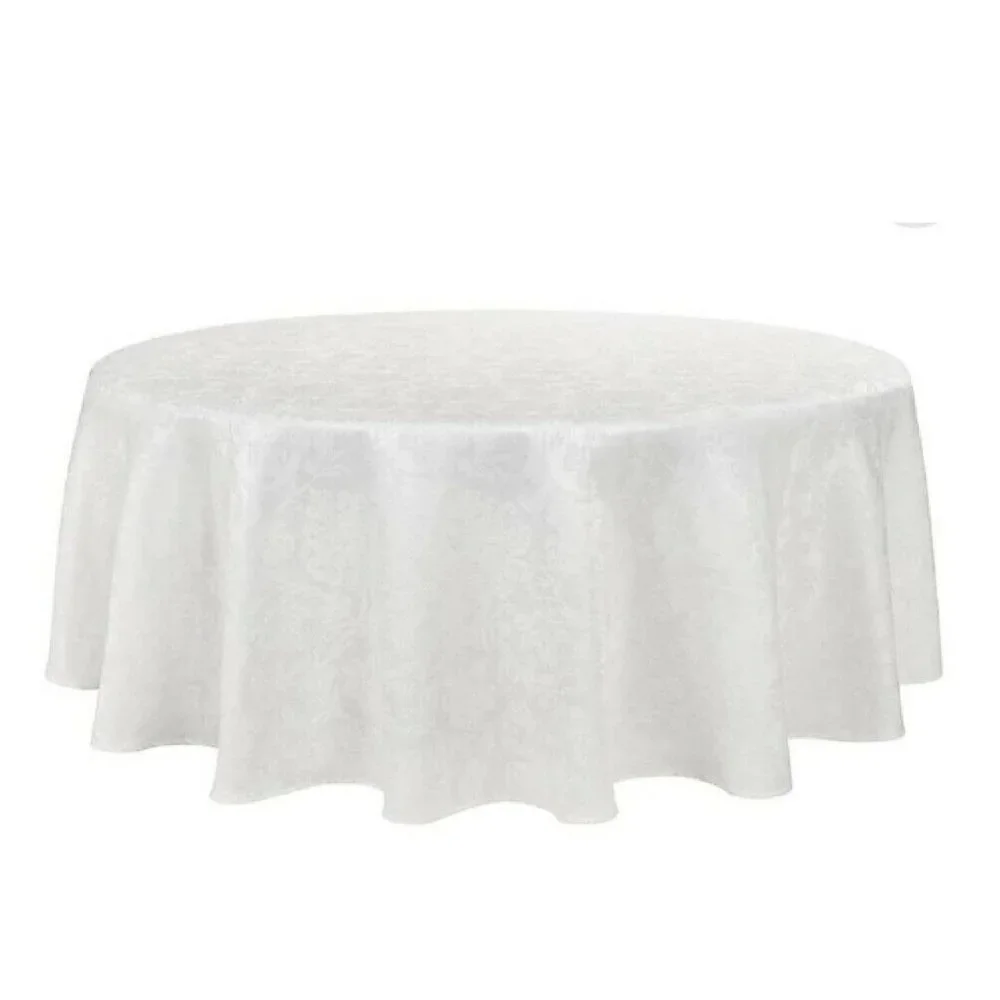 new WHITE Holiday Medley Damask Fabric 90 inch Round Tablecloth (Seats 6 to 8)
